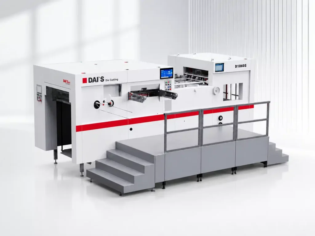 Automatic flatbed die-cutting machine feeding corrugated board sheets with visible flute structure and die-cut blank in a packaging production environment