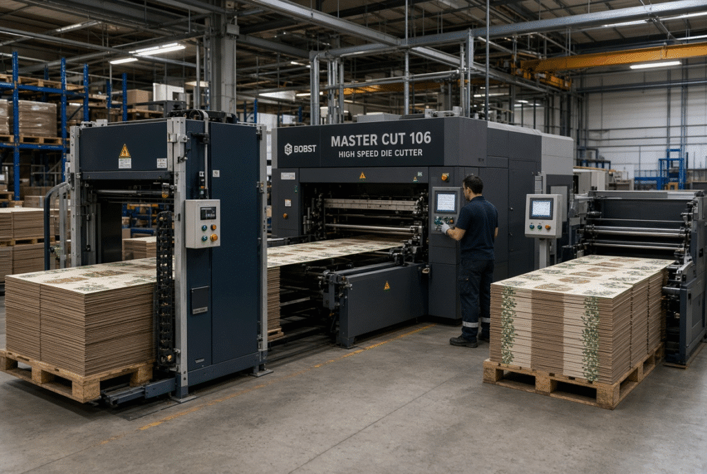 High-speed automatic flatbed die cutting machine showing feeder, registration, die-cutting section, gripper transport and delivery of paperboard packaging sheets