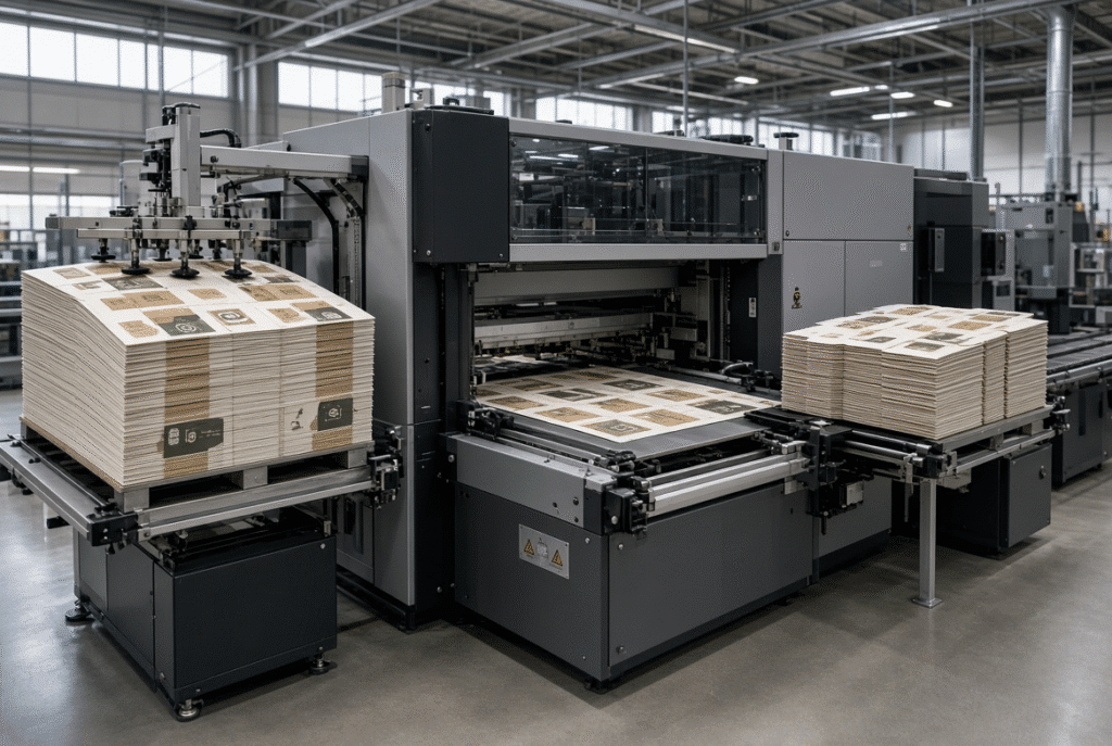 Industrial automatic die cutting machine feeding printed cartonboard sheets and delivering die-cut folding carton blanks in a production environment