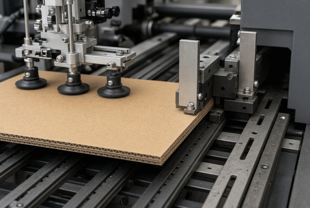 Automatic flatbed die cutter feeder head, suction and transport belts moving corrugated board sheets toward registration gauges