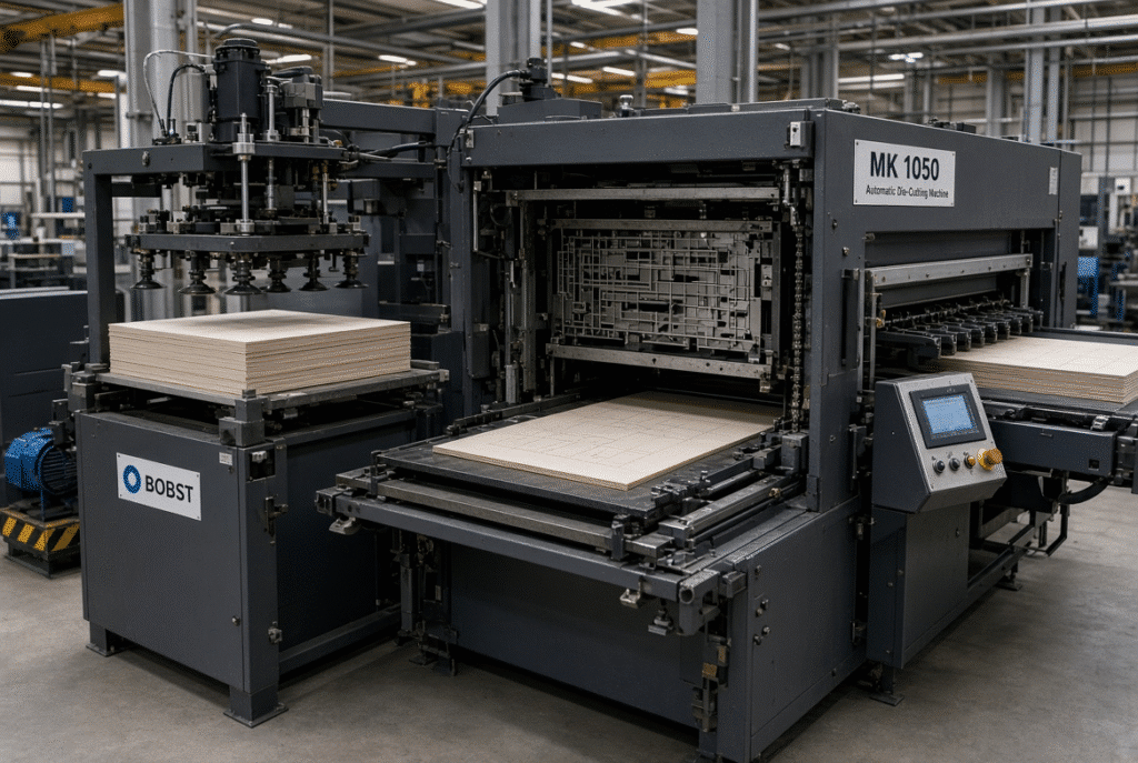 Side view of an automatic platen die-cutting machine showing feeder, platen with steel-rule die and delivery path during one-pass cutting and creasing