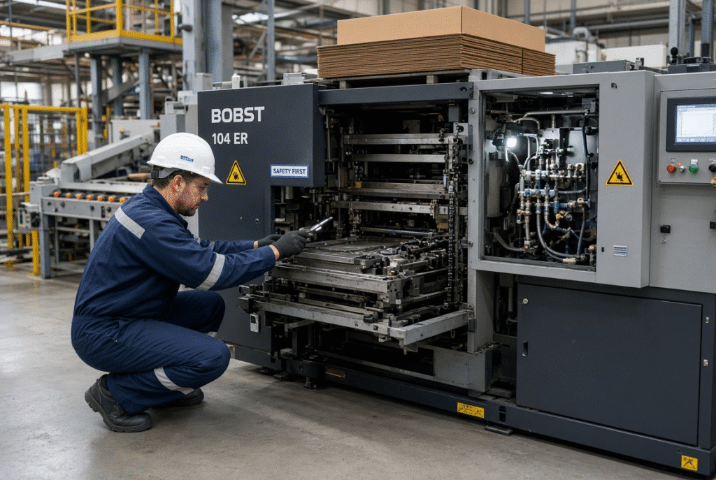Technician performing preventive maintenance on an automatic die cutting machine in packaging plant