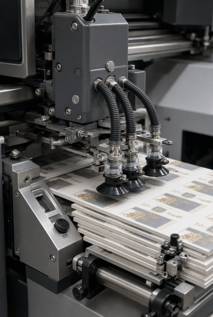 Automatic sheet feeder and front registration system feeding printed paperboard on industrial die cutter
