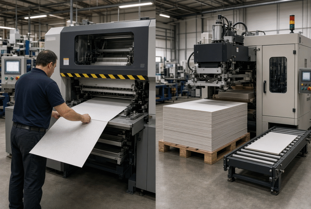 Side-by-side comparison of manual sheet feeding and automatic feeder with delivery system on platen die-cutting machines in a packaging plant