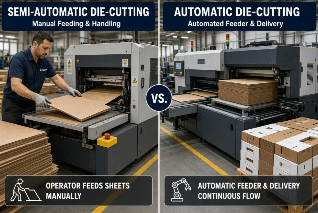 Visual comparison of automatic and semi-automatic die-cutting machine workflows for packaging plant equipment selection