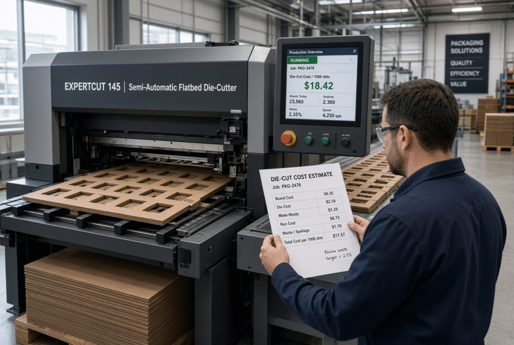 Semi-automatic flatbed die cutter with packaging sheets and production data used to illustrate how to calculate die-cutting cost per 1,000 saleable sheets
