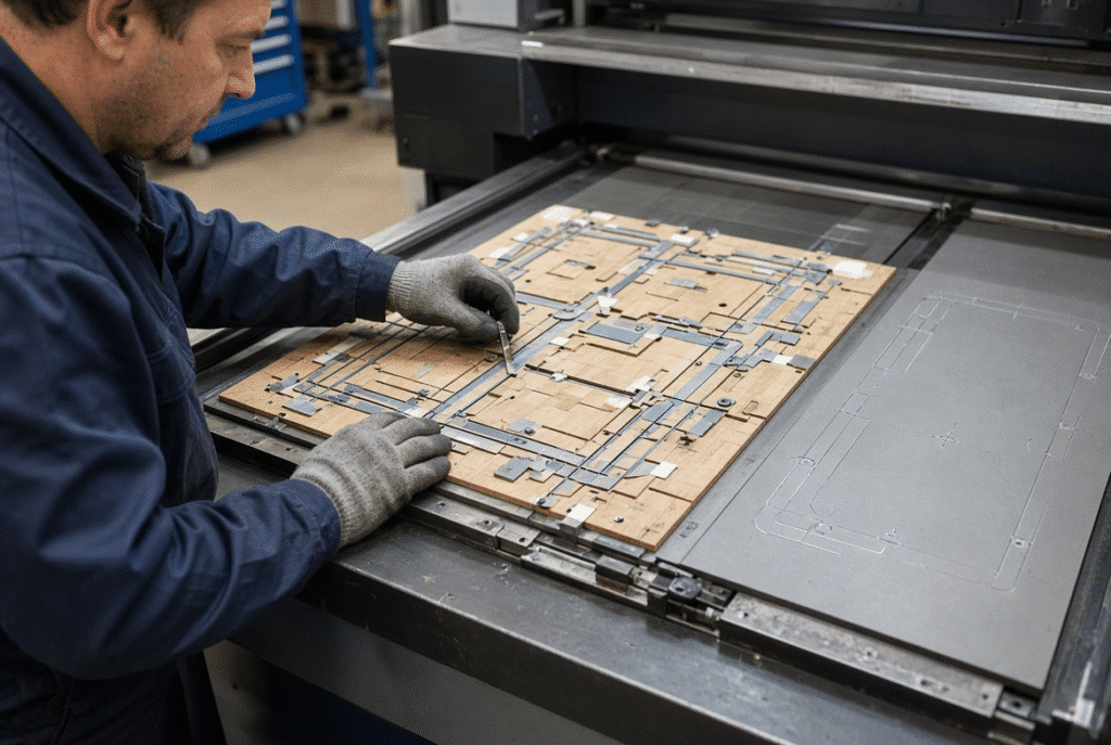 Operator inspecting cutting rules, creasing rules, and make-ready packing on a die board for laminated corrugated board