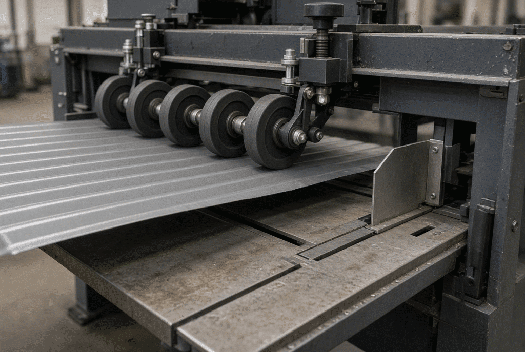 Operator verifying front-edge and side-edge alignment of a warped corrugated sheet against gauges with registration marks visible