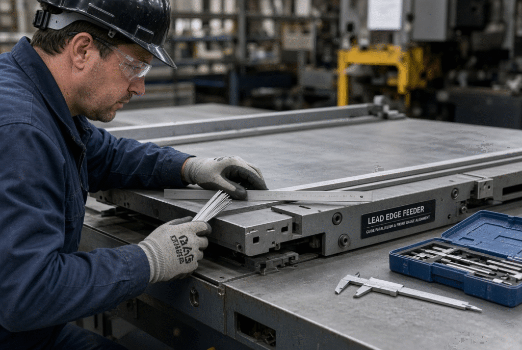 Technician using measurement tools to verify guide parallelism and front-gauge alignment on a stopped lead edge feeder of a flatbed die cutting machine