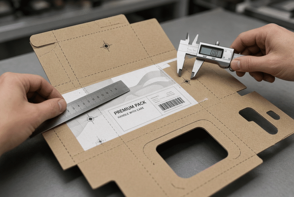 Operator measuring printed registration marks, die-cut lines and creasing lines on laminated corrugated board