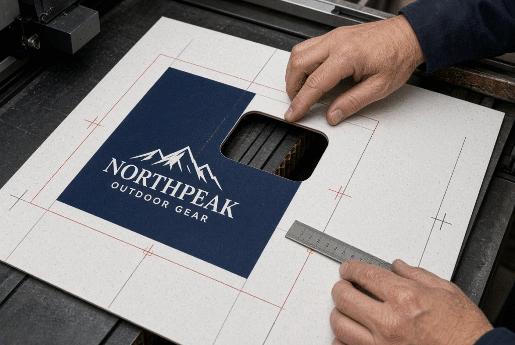 Printed registration marks, die-cut lines and crease features being measured on a litho-laminated corrugated sheet