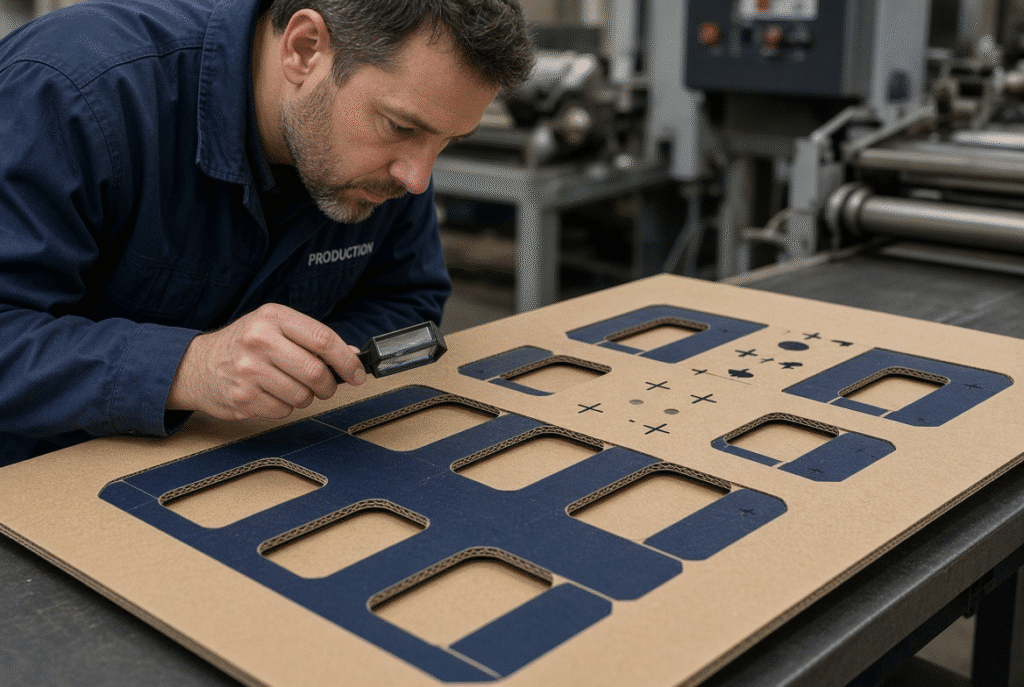 Technician inspecting printed registration marks, die-cut features, and surface condition on printed corrugated board