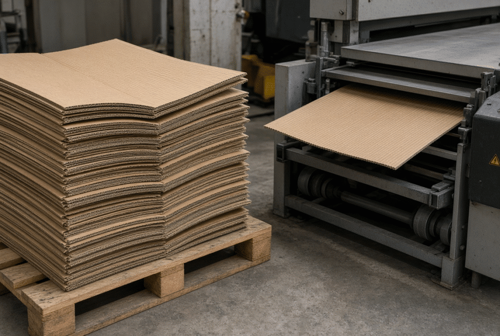 Printed corrugated blank after die cutting showing registration marks, die-cut edges, crease lines and alignment references used to evaluate feeder performance