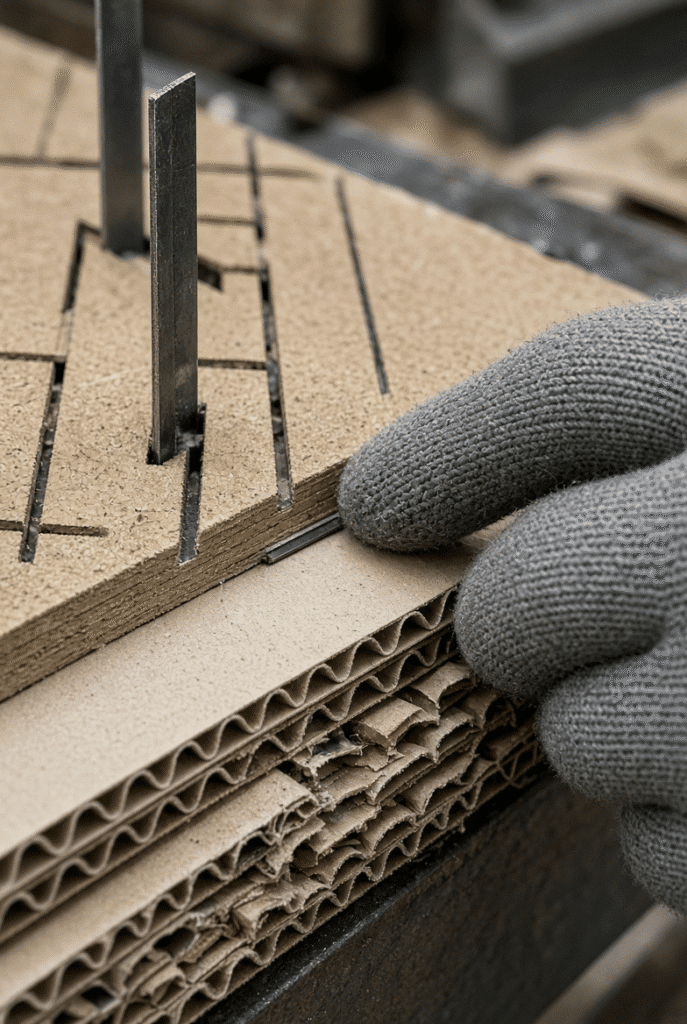 Close-up of steel-rule die cutting corrugated board, comparing a clean cut edge with an area showing flute crush and score-line inspection