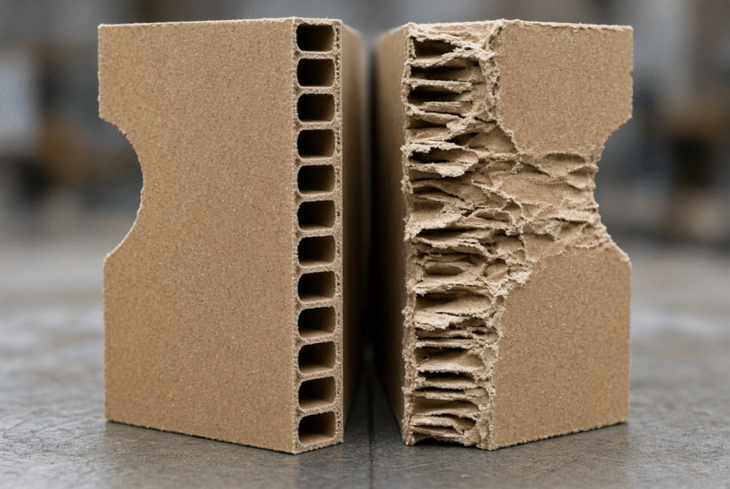 Side-by-side comparison of clean die-cut edge with intact flutes and crushed flute damage caused by excess pressure on corrugated board