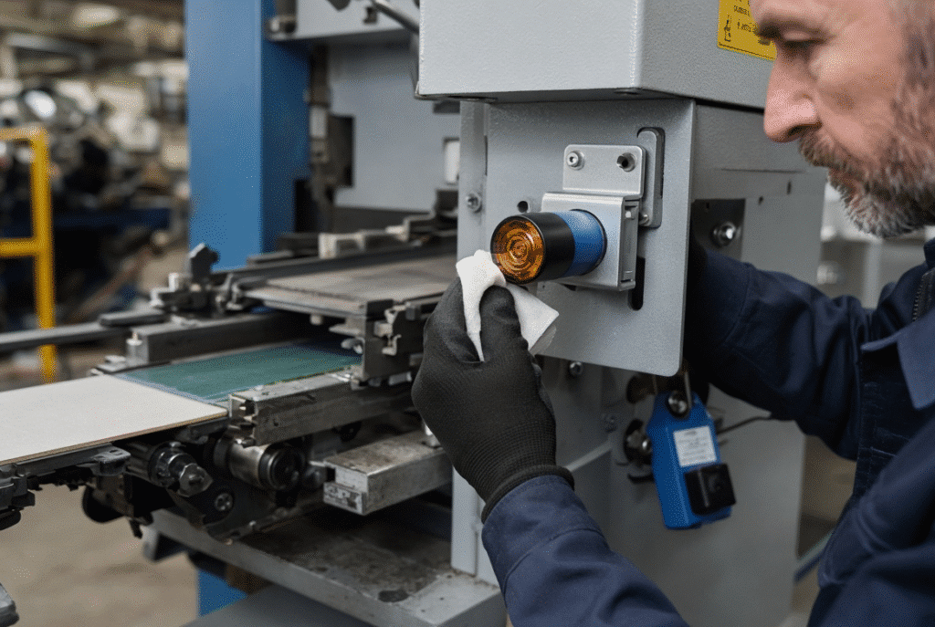 Technician cleaning a photoelectric sensor mounted beside the sheet path of a lead edge feeder on a stopped flatbed die cutting machine