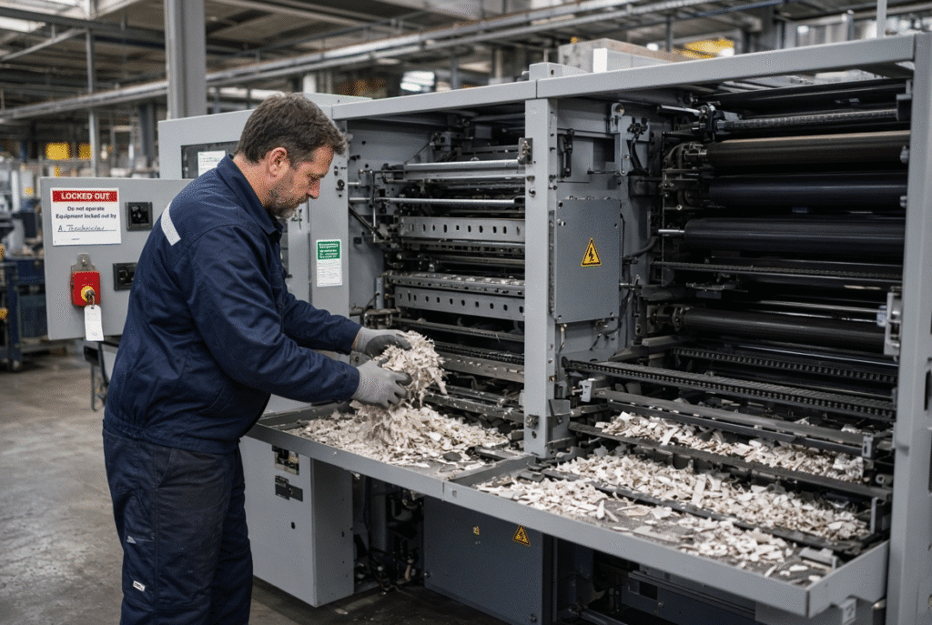 Operator cleaning paper dust and waste from feeder or delivery section of stopped automatic die cutting machine