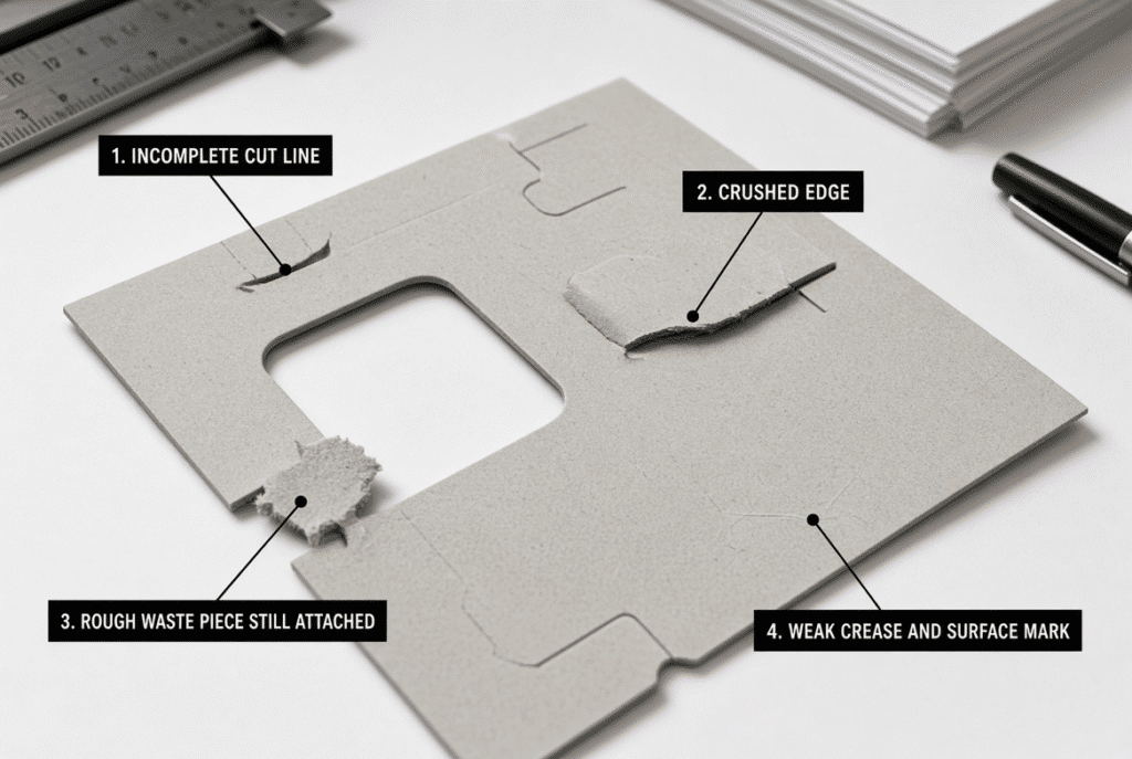 Grey board die-cut sample displaying incomplete cuts, crushed edges, attached waste, weak crease and surface marks for troubleshooting reference