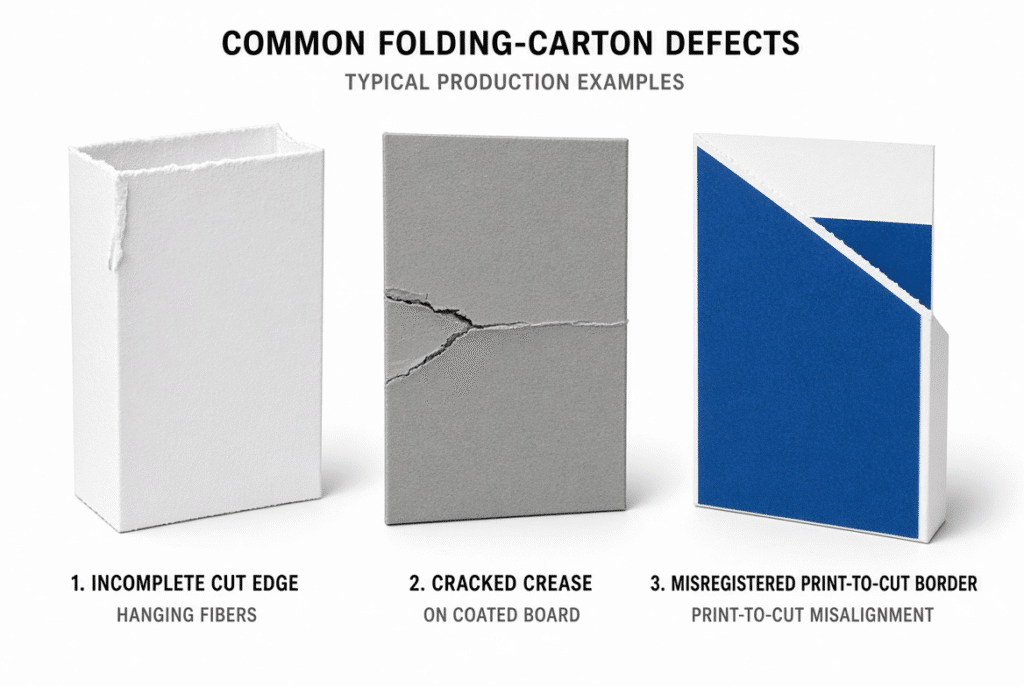 Side-by-side samples of incomplete cut edge, cracked crease and print-to-die misregistration on folding carton blanks