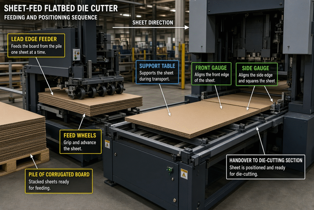 Lead edge feeder moving a corrugated sheet from the pile through feed wheels, support table, front and side gauges toward the flatbed die-cutting section