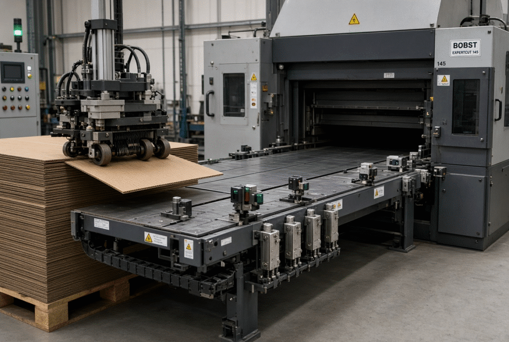 Technician tracing the sheet path during lead edge feeder troubleshooting from pile through sensors to die-cutting handover