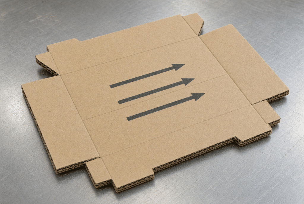Die-cut corrugated blank with visible flute direction and crease lines illustrating effect on folding behavior in flatbed die cutting