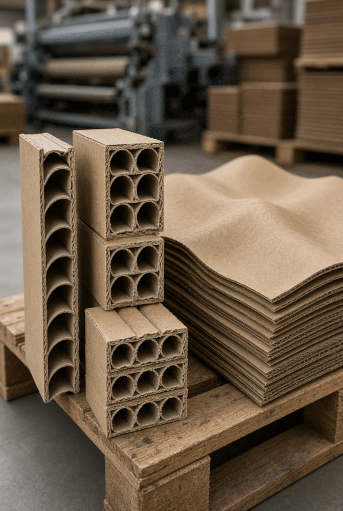 Cross-sections of single-wall and double-wall corrugated board shown beside a warped corrugated sheet on a pallet, illustrating thickness and material behavior differences