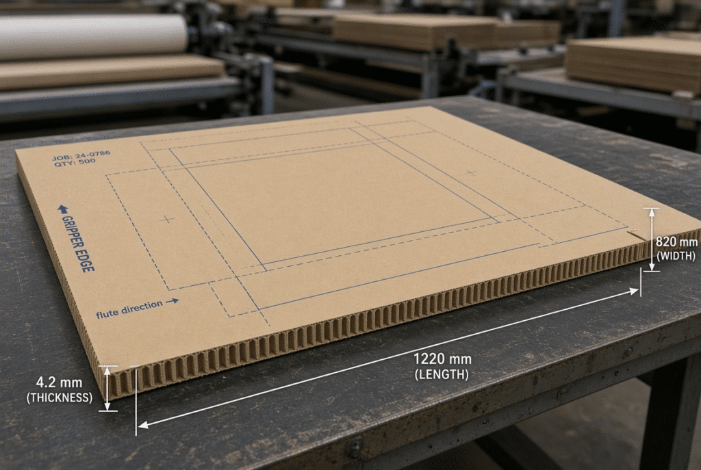 Corrugated sheet showing flute direction, die-cutting layout, gripper edge and board thickness detail for practical machine size selection