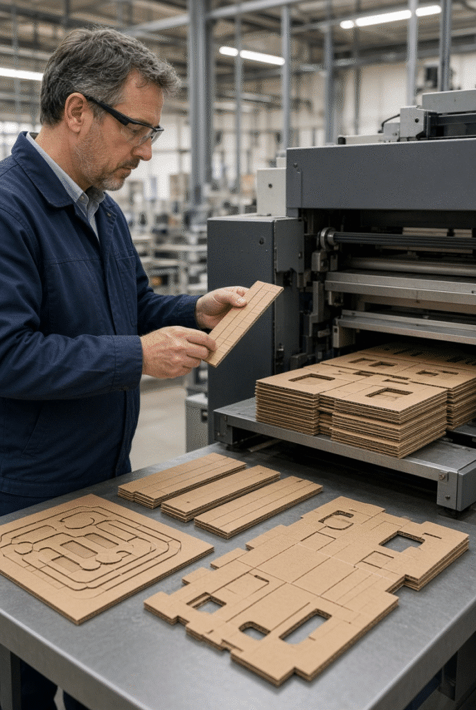 Engineer evaluating die-cut corrugated samples and score quality during a representative material trial on an automatic die cutting machine