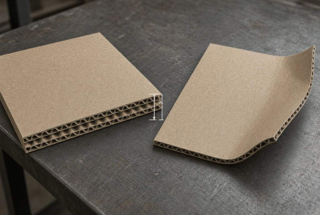 Corrugated board cross-section showing liners, fluted medium, thickness and contrast between flat and warped sheets for flatbed die cutting evaluation