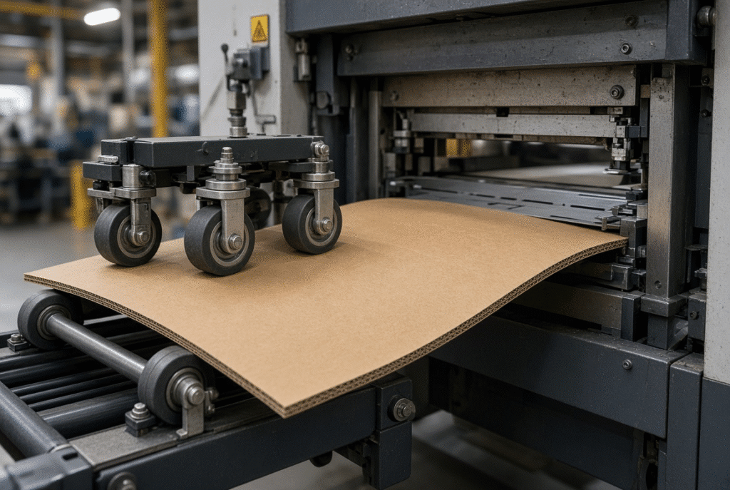 Bowed corrugated board entering a lead-edge feeding flatbed die cutter, illustrating feeding and registration risks from board warp