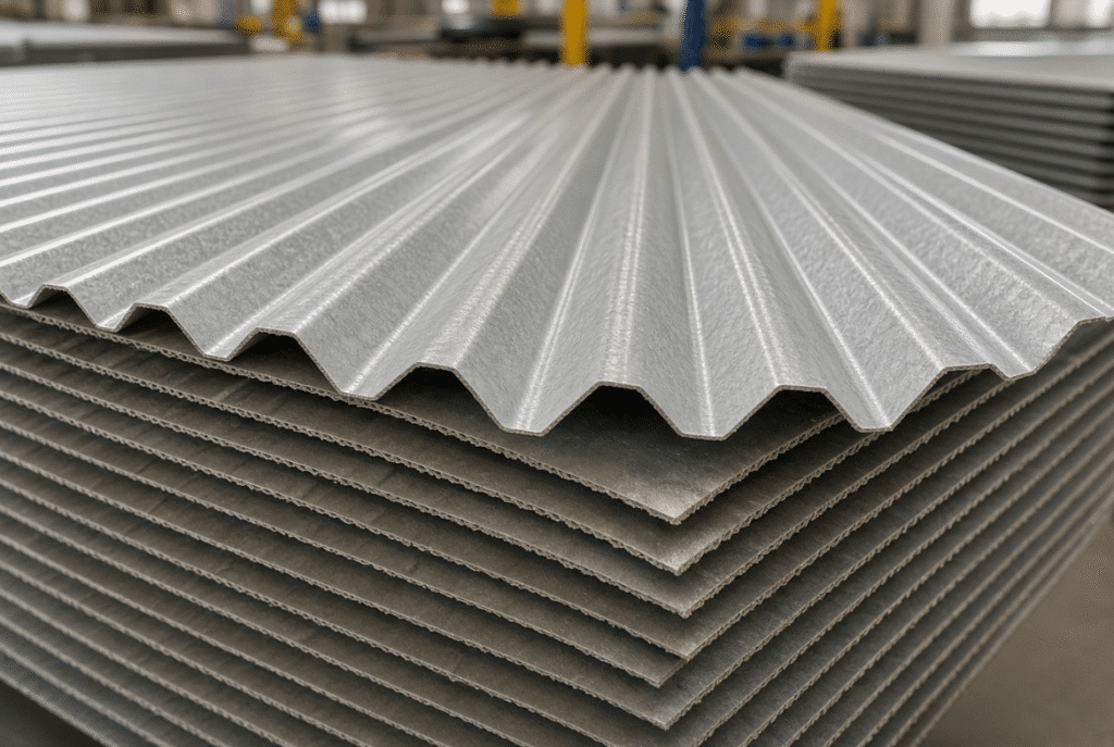 Corrugated sheets and die-cut blank highlighting flute structure and clean cut quality in packaging production
