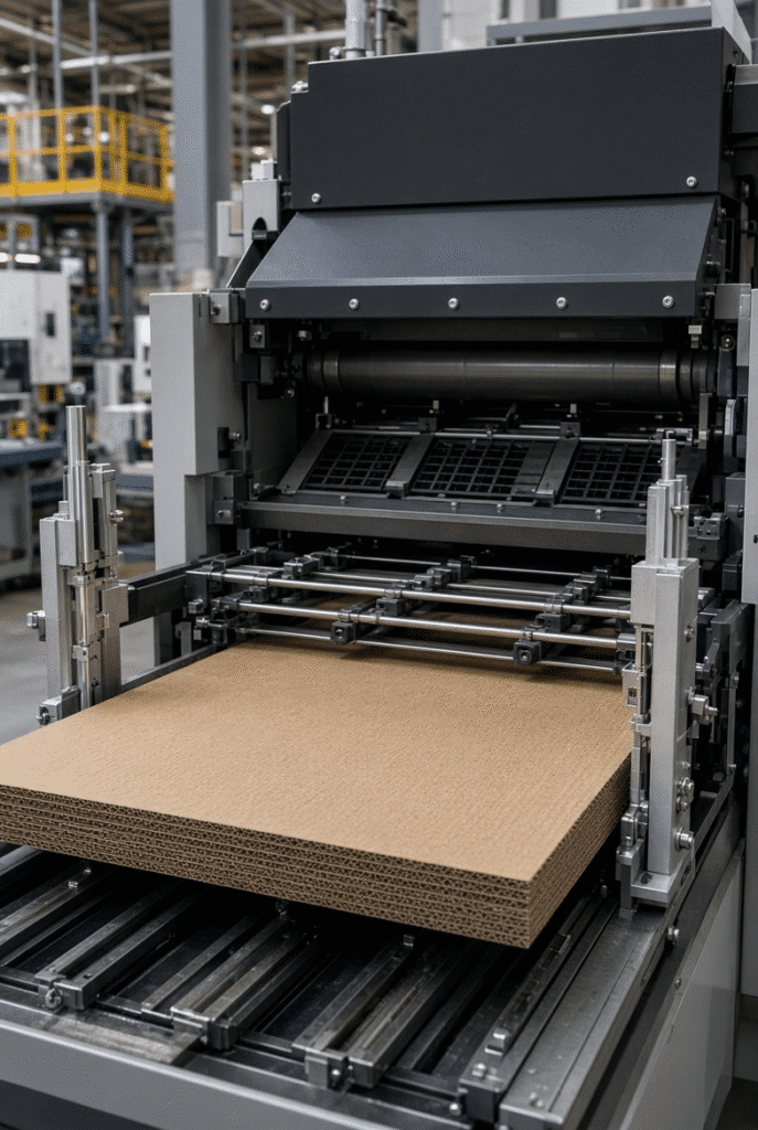 Lead-edge or vacuum-assisted feeder handling thick corrugated board with visible sheet support and side guides on an automatic die cutting machine