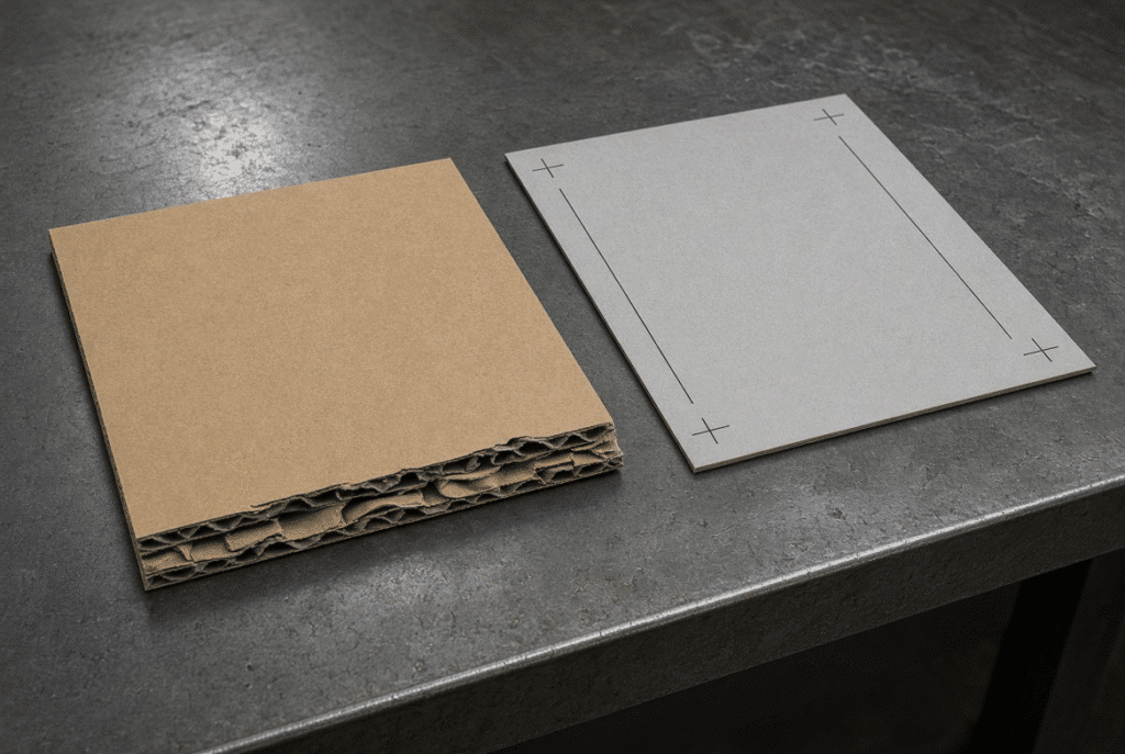 Skewed corrugated sheet and misregistered die-cut blank showing registration problems in automatic flatbed die cutting