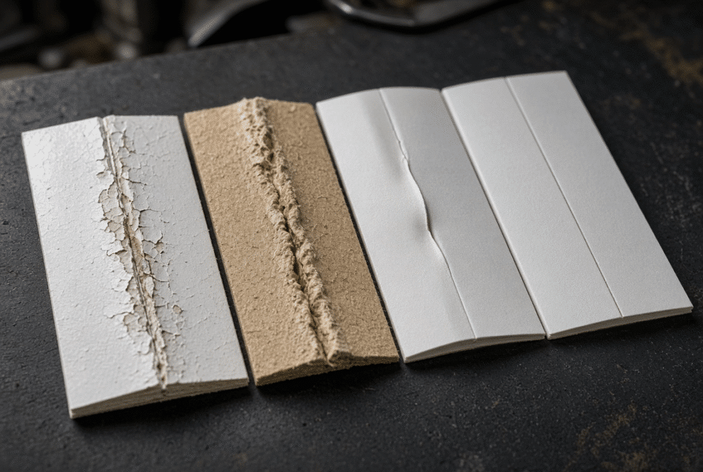 Side-by-side production samples showing cracked coating, crushed board, weak spring-back crease and clean controlled crease on folding carton board