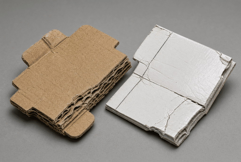 Die-cut packaging samples showing crushed corrugated flutes, cracked creases on coated board and edge distortion caused by excessive pressure