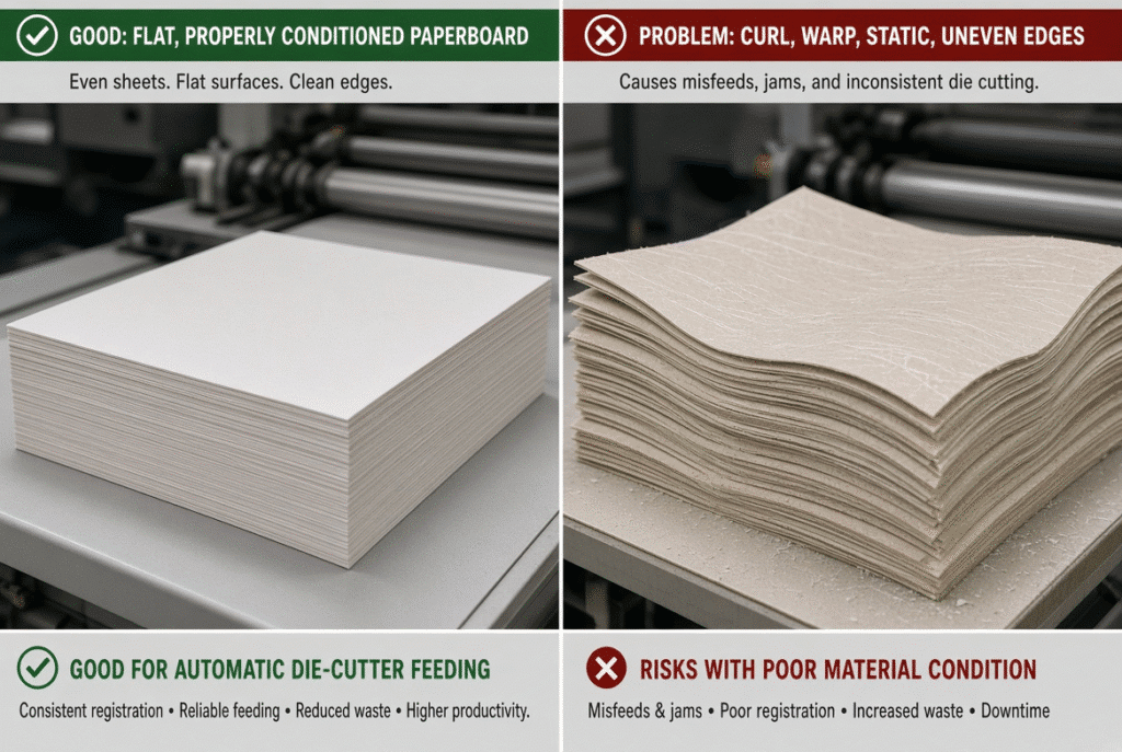 Comparison of flat versus curled paperboard sheets illustrating material conditions that affect automatic die-cutter feeding reliability