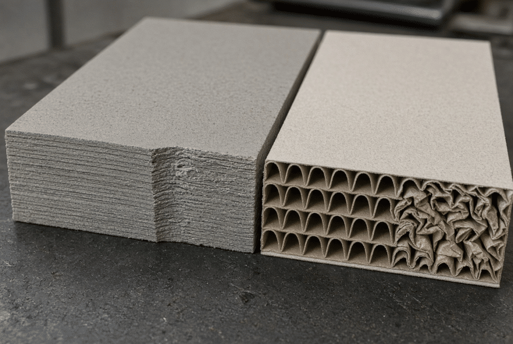 Close-up comparison of clean versus compressed grey-board edges next to intact versus crushed corrugated flutes after die cutting
