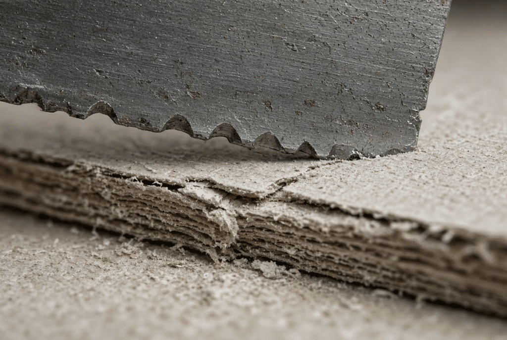 Close-up of worn steel cutting rule edge next to crushed coated paperboard showing pressure-related damage