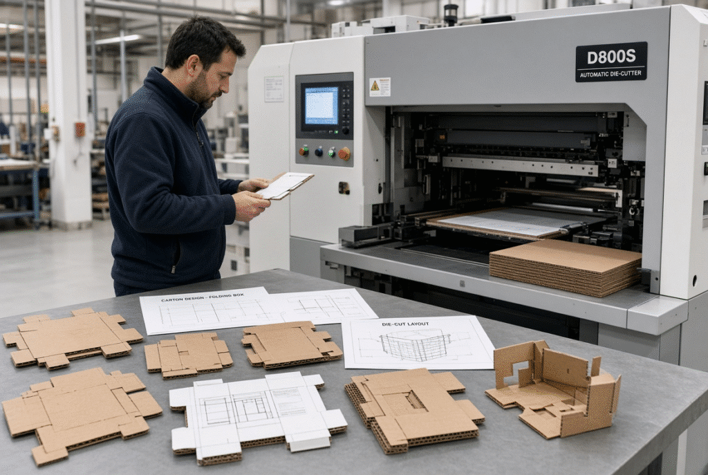 Automatic platen die-cutting machine during packaging application trial with die-cut samples and engineer review