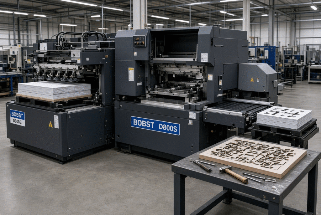 D800S automatic platen die-cutting machine with feeder, die section and delivery visible during setup with steel-rule die and sample sheets prepared