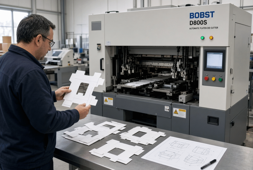 D800S automatic platen die-cutting machine during packaging production trial with die-cut samples and product drawing
