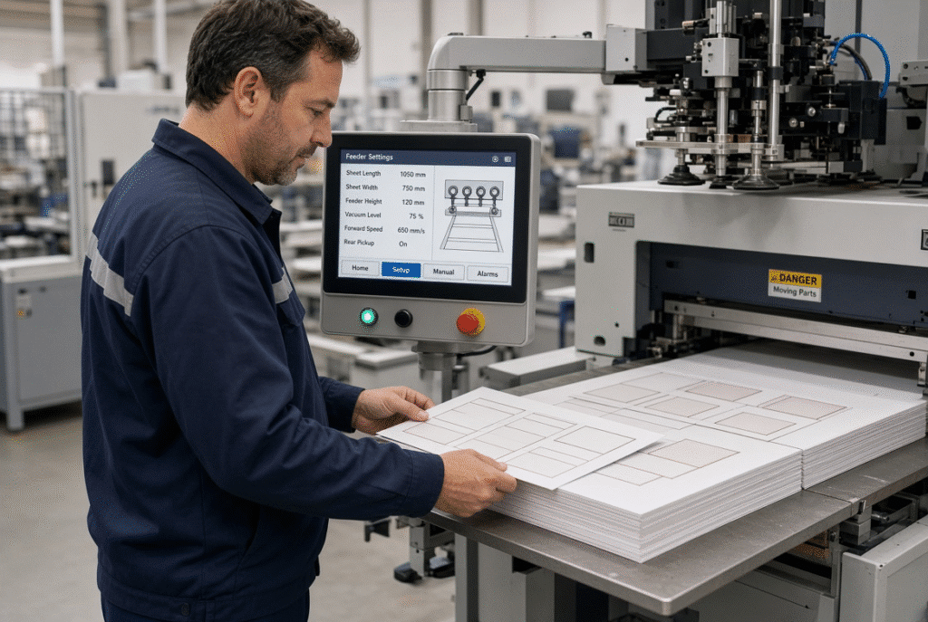 D800S automatic platen die-cutting machine feeder in operation during a paperboard packaging sample trial with visible sheet flow