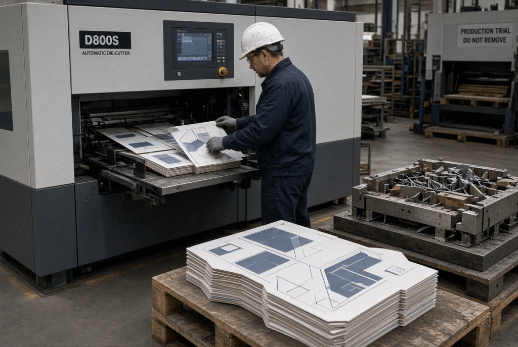 Engineer inspecting die-cut folding carton blanks and steel-rule die next to an automatic platen die-cutting machine during application trial