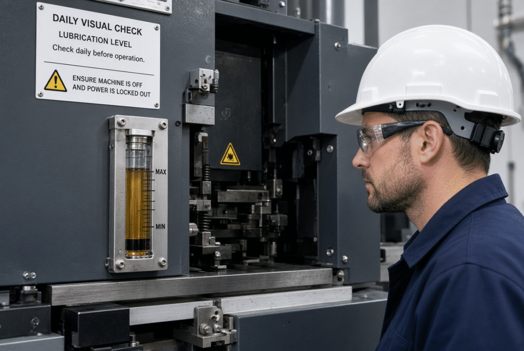 Technician performing safe daily visual inspection of lubrication indicator and accessible gripper area on a stationary platen die cutting machine