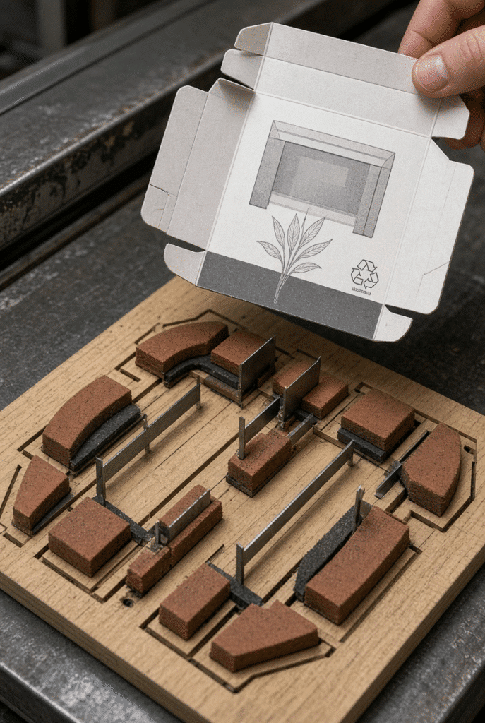 Steel-rule die board with cutting and creasing rules next to inspected die-cut paperboard carton sheets