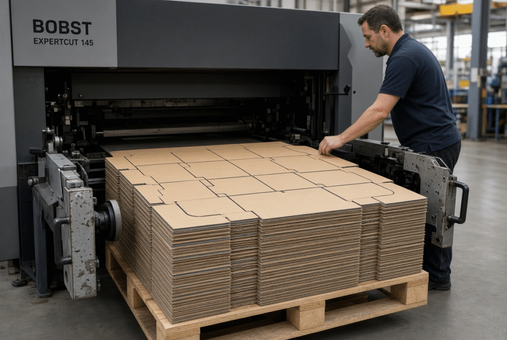 Neat delivery stack of finished laminated corrugated blanks with side joggers and operator inspection on a flatbed die cutter