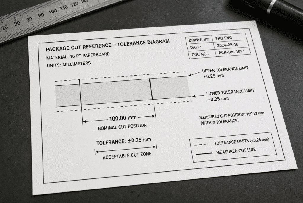Technical diagram showing reference cut line at 100.00 mm with ±0.25 mm tolerance bands and measured position on paperboard sample
