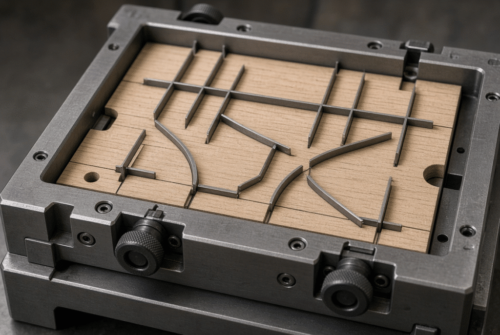 Close-up of steel-rule die board correctly seated in a die-cutting plate frame showing cutting rules and locating edges
