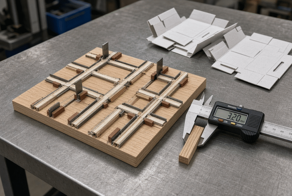 Die-board section with installed creasing matrix strips, steel crease rules, digital caliper and folded carton blanks used for sample validation of creasing matrix for folding cartons